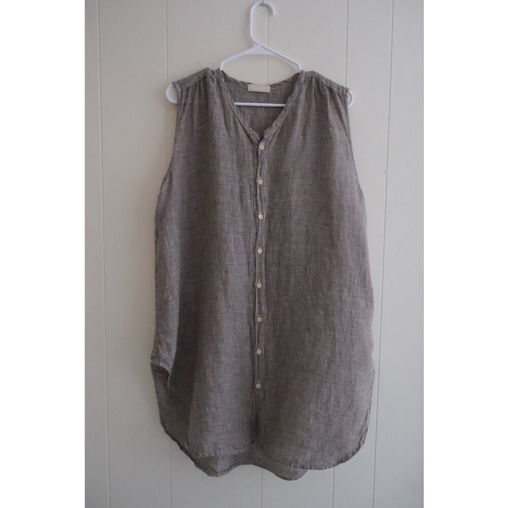 CP Shades 100% Linen Brown Cream Sleeveless Tunic Top Sz S Coastal Cottagecore